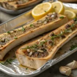 Close-up of roasted bone marrow halves topped with garlic, thyme, lemon zest, caramelized onions, and balsamic glaze on a slate plate