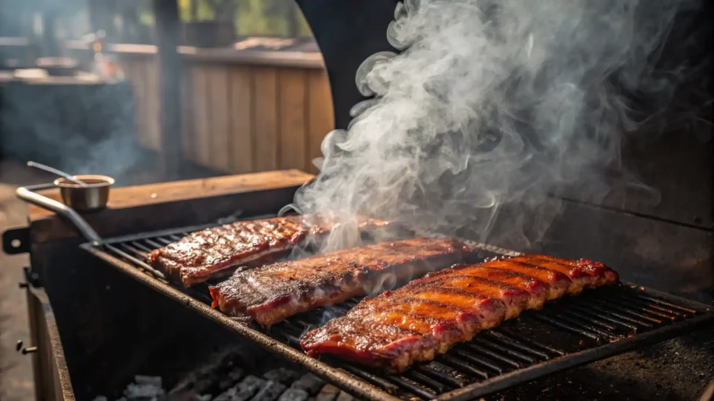 Ribs cooking on a smoker.