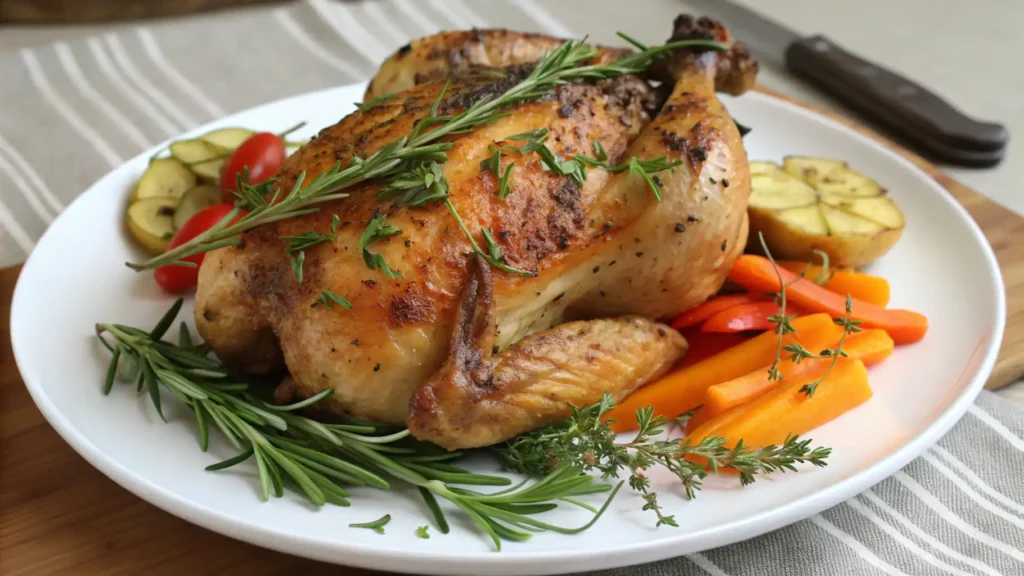 A roasted Galena Chicken served with mashed potatoes and vegetables