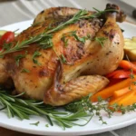 A roasted Galena Chicken served with mashed potatoes and vegetables