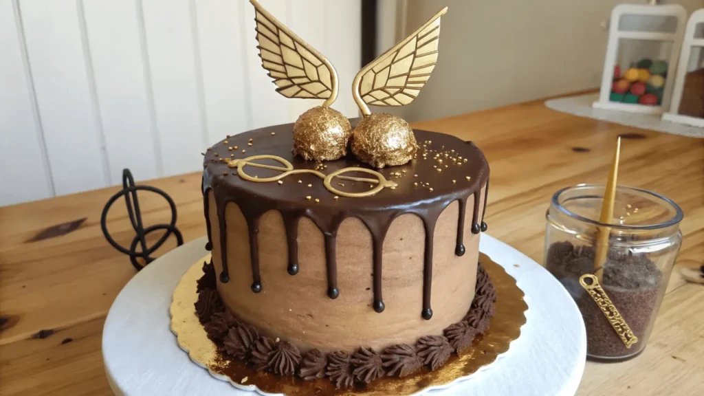 A Harry Potter-themed chocolate cake with a Golden Snitch, round glasses, and chocolate drip decorations.