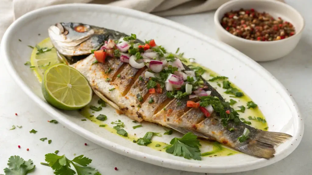 A whole grilled snapper served on a white oval plate, garnished with fresh cilantro, diced red onions, and chopped red peppers. Lime wedges are placed on the side, and the fish is drizzled with a light herb-infused oil, creating a vibrant and appetizing presentation.