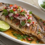 A beautifully plated Hmong snapper dish garnished with fresh herbs, sliced onions, and vibrant chili peppers, served with lime wedges and a light sauce in a white oval plate.