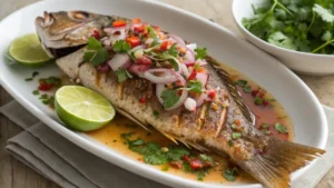 A beautifully plated Hmong snapper dish garnished with fresh herbs, sliced onions, and vibrant chili peppers, served with lime wedges and a light sauce in a white oval plate.