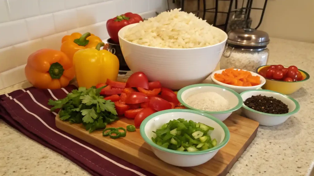 Fresh ingredients for Sassy Rice, including chopped vegetables, herbs, and rice, on a countertop.