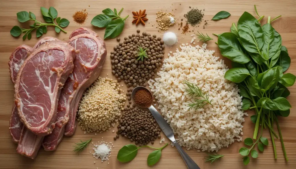 Fresh ingredients for lamb, lentils, rice, and spinach recipe.