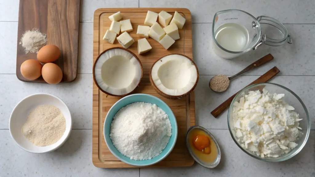  Ingredients for tender coconut cake including coconut meat and eggs.