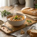 A comforting bowl of chickpea soup topped with green herbs, set on a wooden kitchen counter beside bread and spices, lit by gentle, natural light.