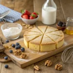 Sliced kefir sheet cake on a rustic wooden countertop surrounded by fresh ingredients and baking tools.