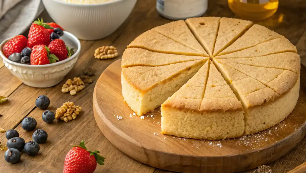 Close-up of a moist kefir sheet cake slice on a wooden kitchen table, surrounded by fresh ingredients like kefir, eggs, berries, and baking utensils.