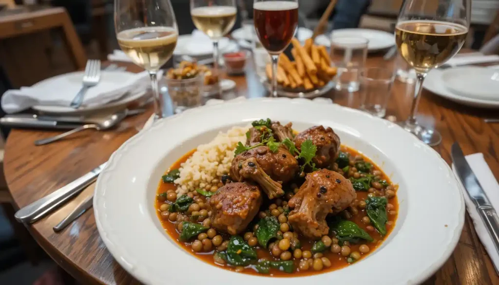 Served lamb, lentils, and rice dish with side dishes.