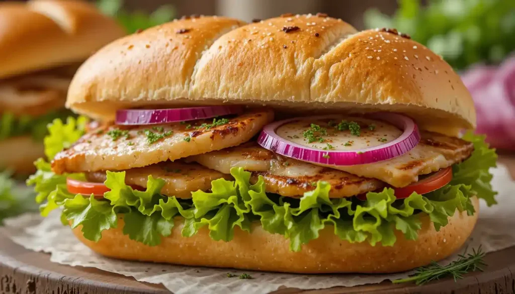 A close-up of a traditional German Matjesbrötchen sandwich featuring soft bread rolls, pickled Matjes herring, crisp lettuce, thinly sliced red onions, and fresh dill garnish.