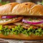 A close-up of a traditional German Matjesbrötchen sandwich featuring soft bread rolls, pickled Matjes herring, crisp lettuce, thinly sliced red onions, and fresh dill garnish.