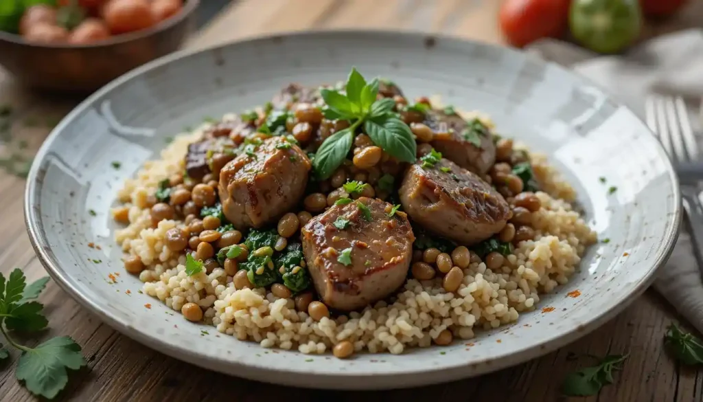 Plated lamb, lentils, rice, and spinach dish.