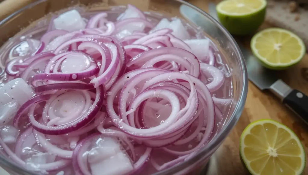 Sliced onions soaking in water.