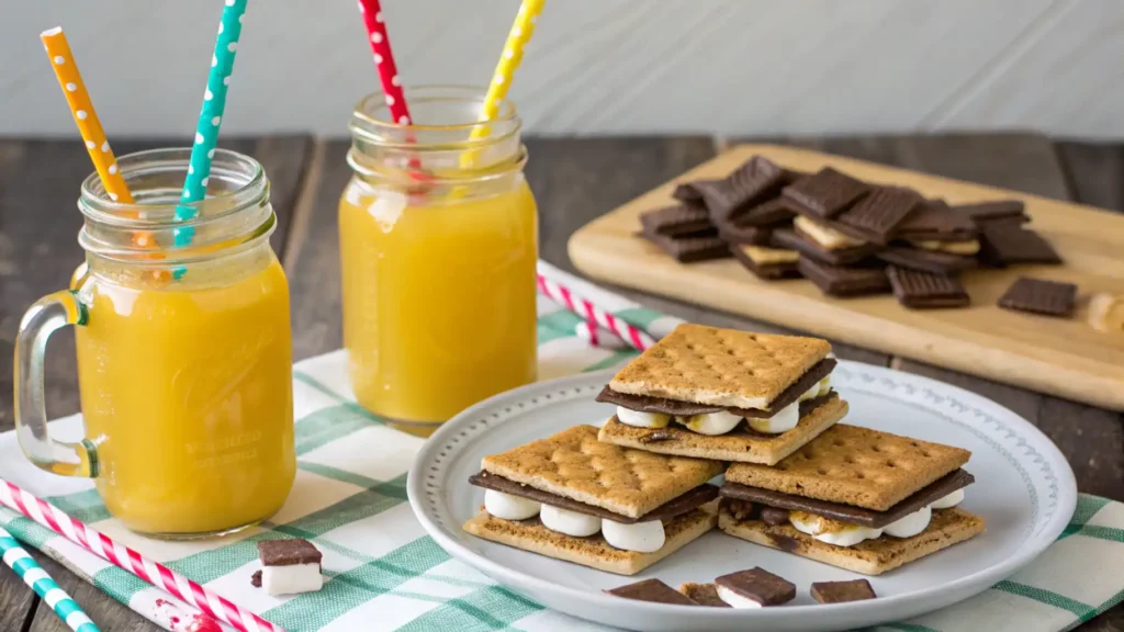 Bug juice served in mason jars with s’mores on the side.