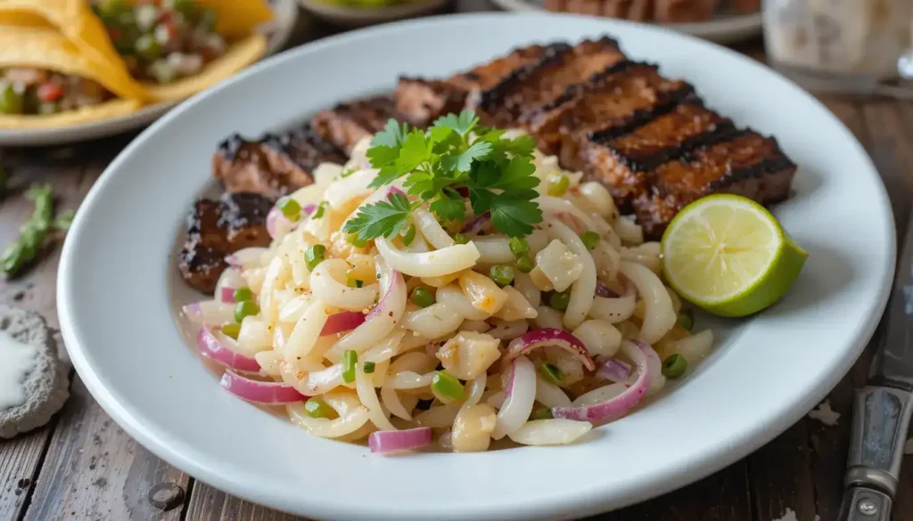 A plate of cebolla ensalada with sliced red onions, cilantro, lime, and fresh garnishes, served on a white plate with a rustic background.