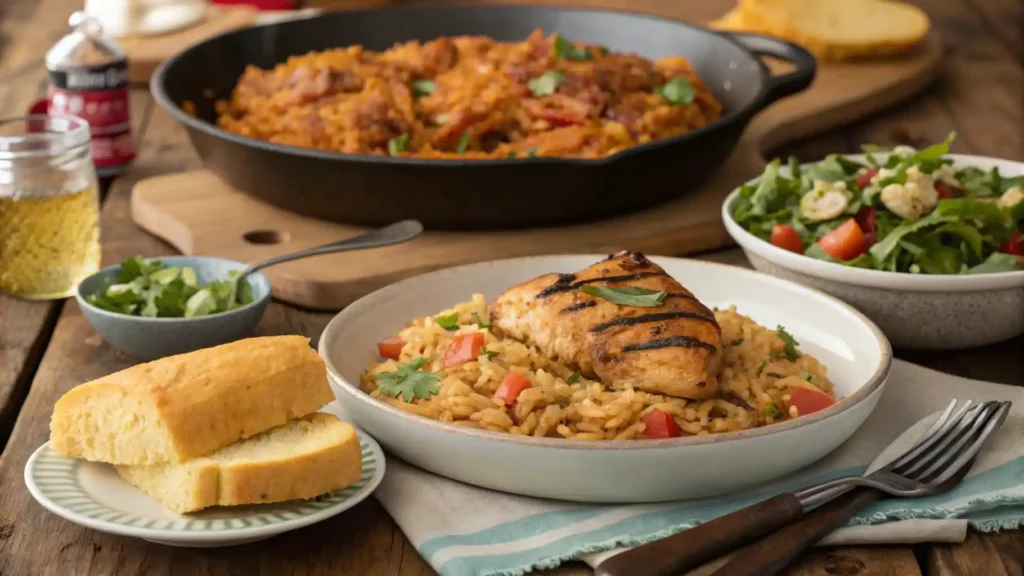 Plate of Sassy Rice served with grilled chicken, cornbread, and a fresh salad on a rustic dining table.