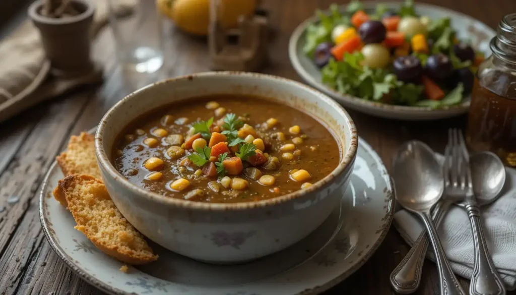 A bowl of swamp soup served with cornbread on a rustic table.