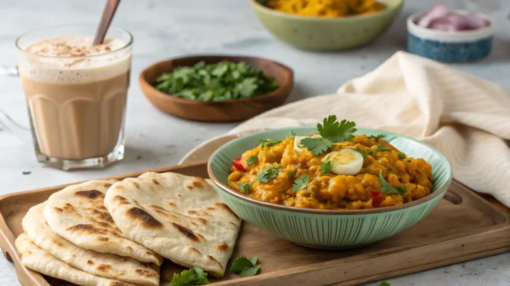 A plated serving of Egg Bharta with naan and iced chai.