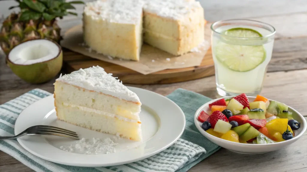 A slice of tender coconut cake with fruit salad and a drink.