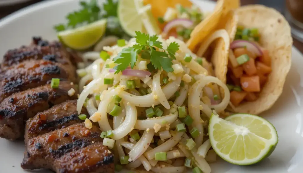 Cebolla ensalada with grilled meat.