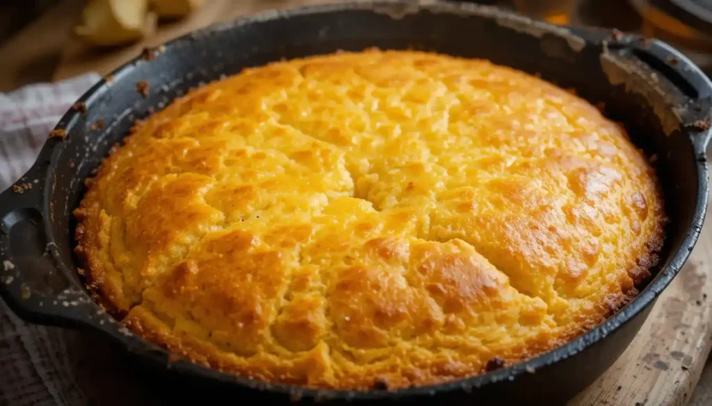 A freshly baked golden Southern cornbread with crispy edges in a cast-iron skillet, set in a rustic Southern kitchen scene