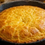 A freshly baked golden Southern cornbread with crispy edges in a cast-iron skillet, set in a rustic Southern kitchen scene