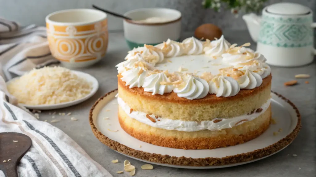 A soft tender coconut cake surrounded by fresh coconut halves and vibrant tropical leaves.






