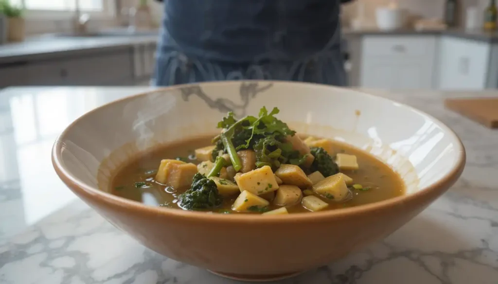 A vegetarian swamp soup variation with tofu and kale.