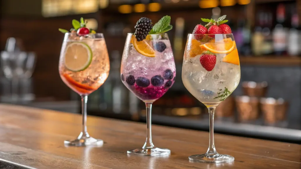 Variations of Hugo Spritz with unique garnishes.