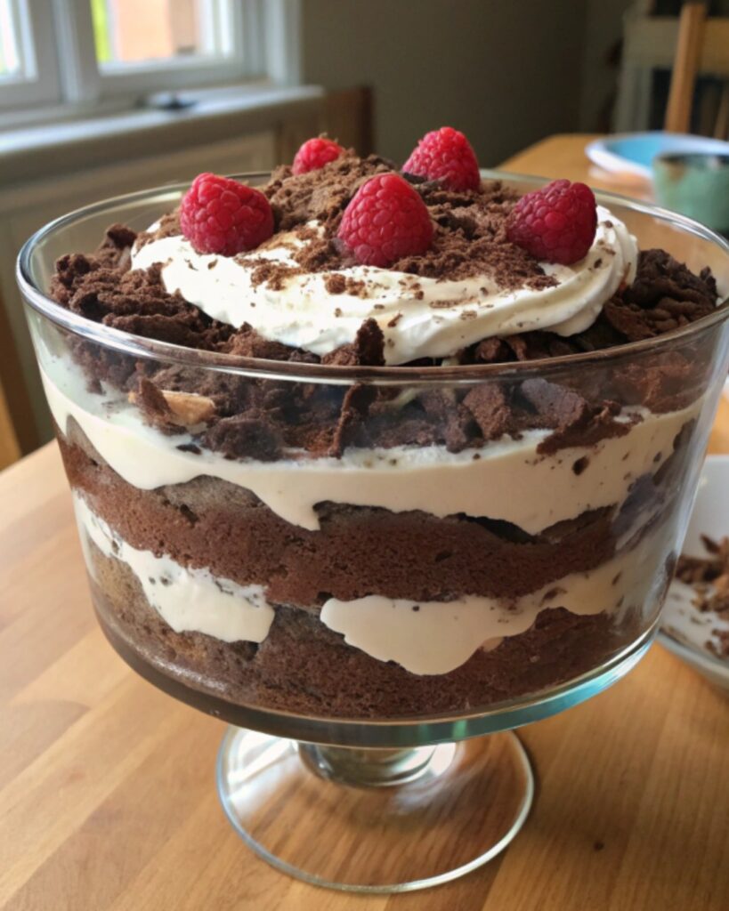 A decadent chocolate trifle in a glass trifle dish, layered with rich chocolate cake, creamy whipped topping, and garnished with fresh raspberries and chocolate crumbles.