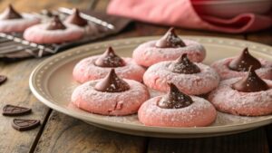 Freshly baked Strawberry Kiss Cookies with powdered sugar and chocolate centers