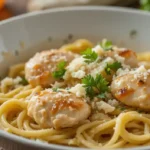 Buttery chicken with noodles garnished with parsley and Parmesan.