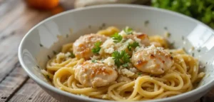 Buttery chicken with noodles garnished with parsley and Parmesan.