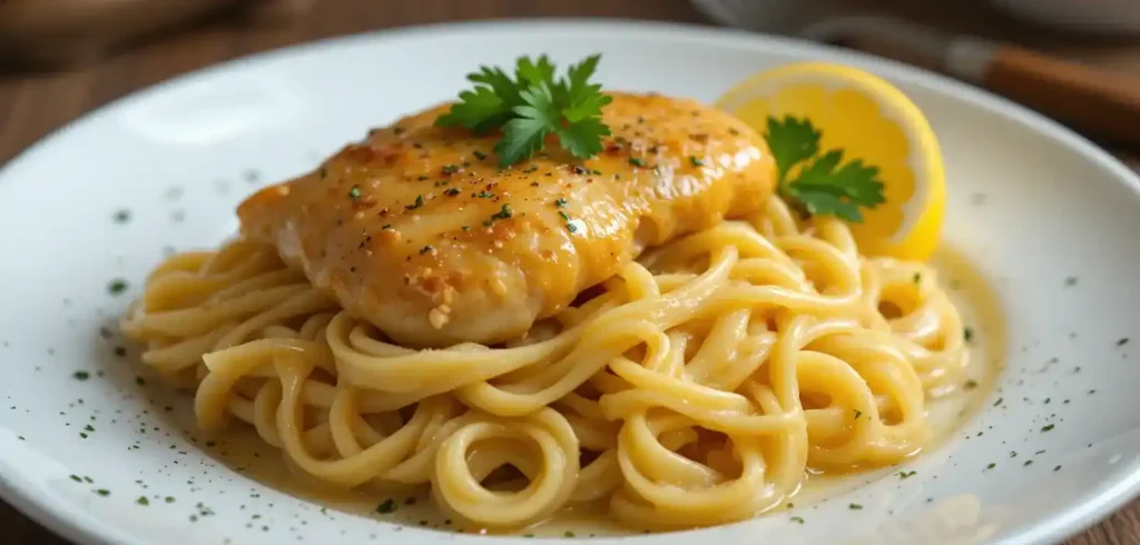 Plated buttery chicken with noodles.