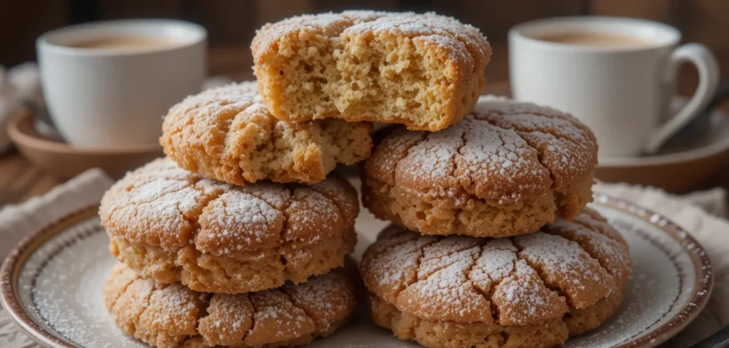 A stack of freshly baked crinkle cakes with a cup of coffee.