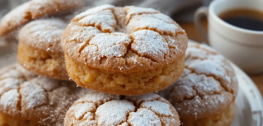 A stack of freshly baked crinkle cakes with a cup of coffee.