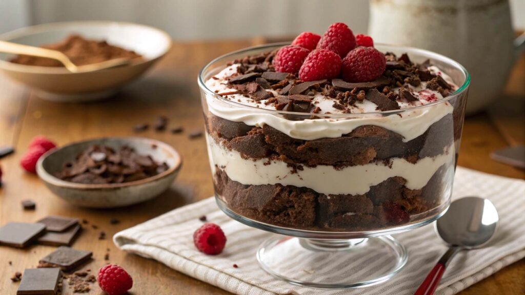 A rich and indulgent chocolate trifle layered with brownies, chocolate pudding, and whipped cream, topped with raspberries and chocolate shavings.