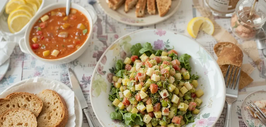 A table setting featuring the chopped salad alongside a bowl of tomato soup, crusty bread, and a glass of lemonade.