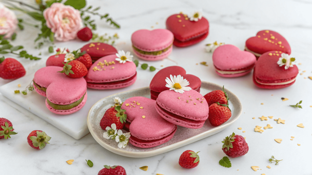 Heart-shaped pink and red macarons decorated with flowers and fresh strawberries.







