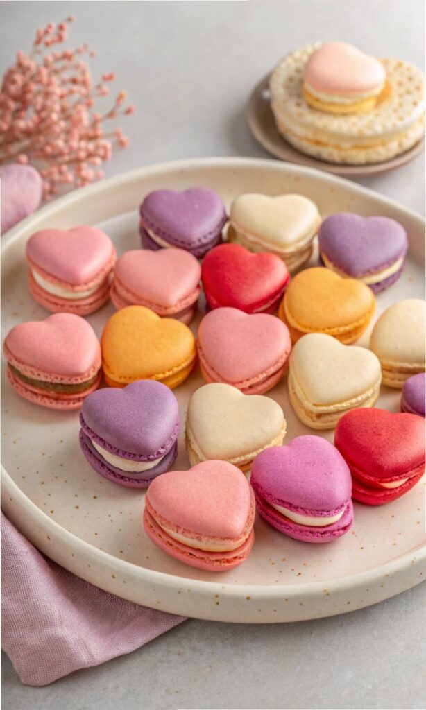 Colorful heart-shaped macarons with creamy fillings arranged on a ceramic plate.







