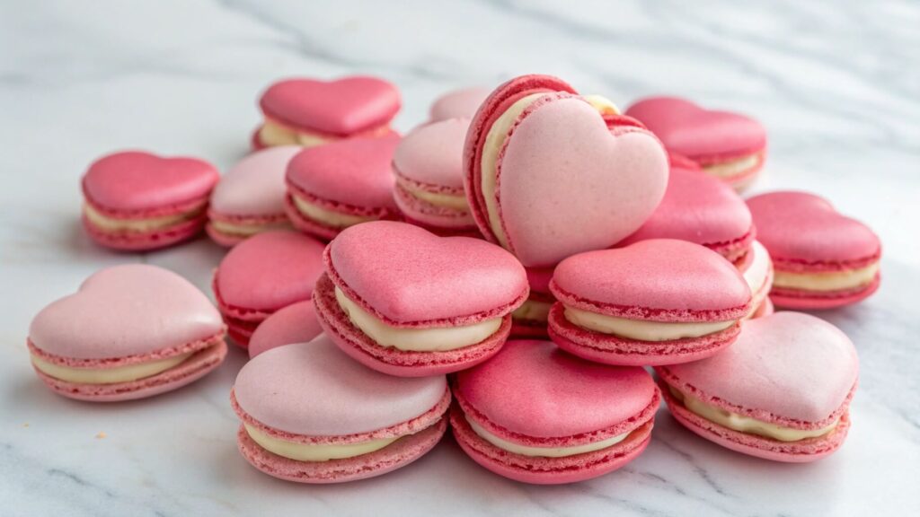 Heart-shaped macarons in pink and red on a marble table.