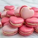 Heart-shaped macarons in pink and red on a marble table.