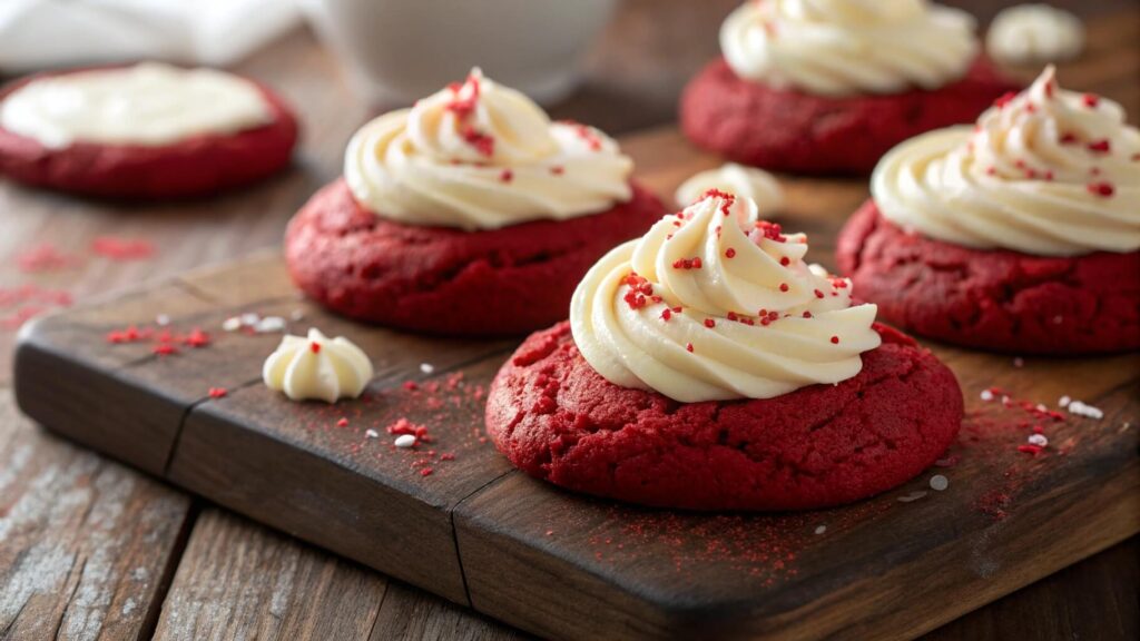 Red velvet cookies with cream cheese frosting and sprinkles.