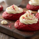 Red velvet cookies with cream cheese frosting and sprinkles.