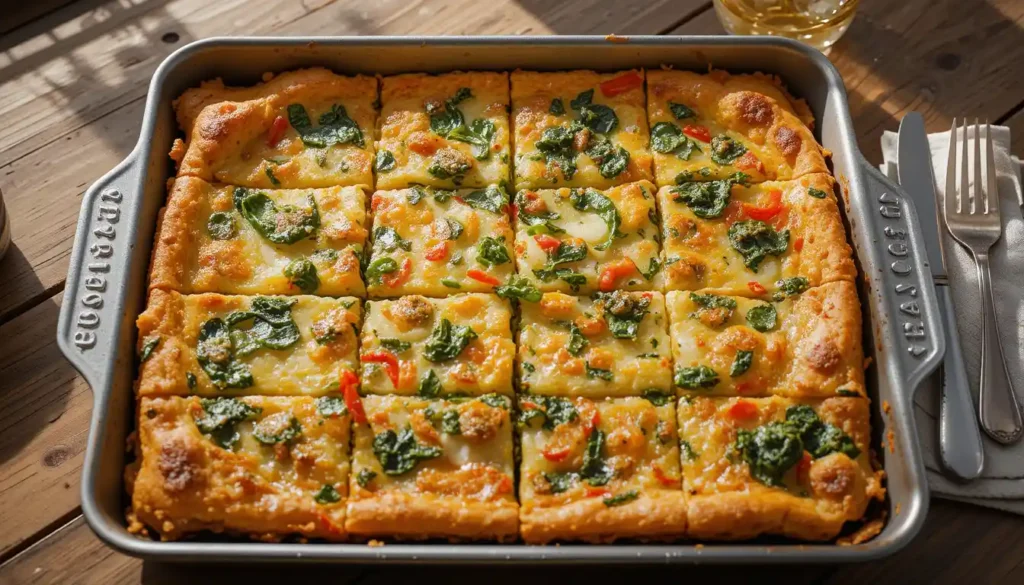 A freshly baked sheet-pan quiche with colorful toppings and golden edges.