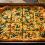 A perfectly baked sheet-pan quiche with golden edges and vibrant, colorful toppings.