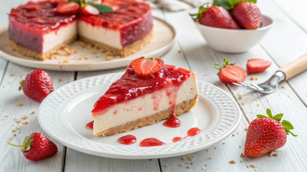 A slice of creamy strawberry cheesecake topped with fresh strawberry sauce.







