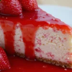 Slice of strawberry cheesecake with strawberry topping.